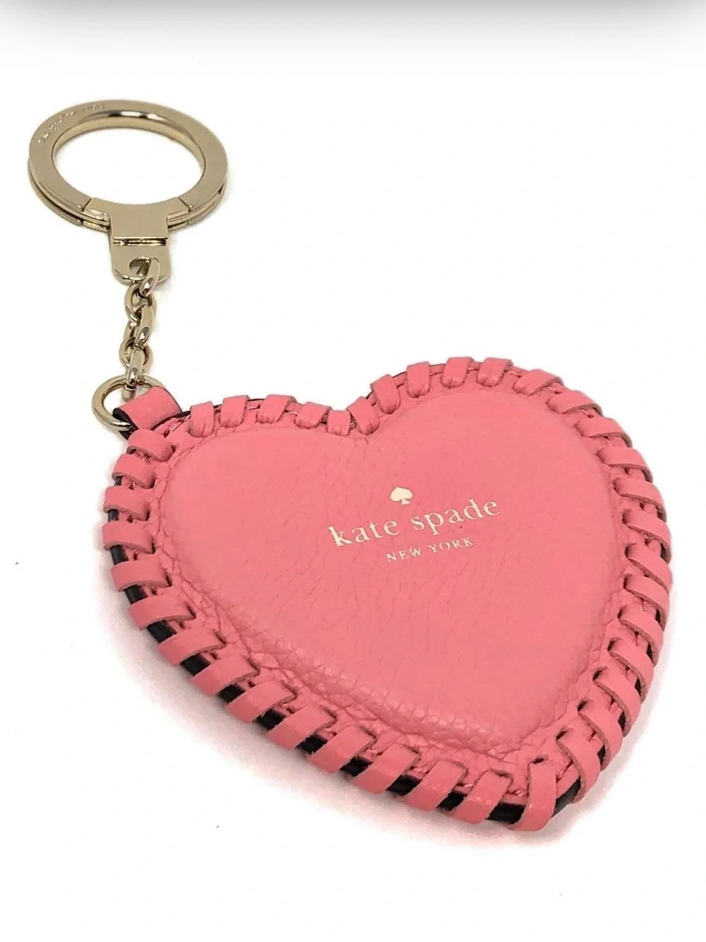 Kate Spade Pink Pebbled Leather Whipstitch Heart Keyring bag-charm like new